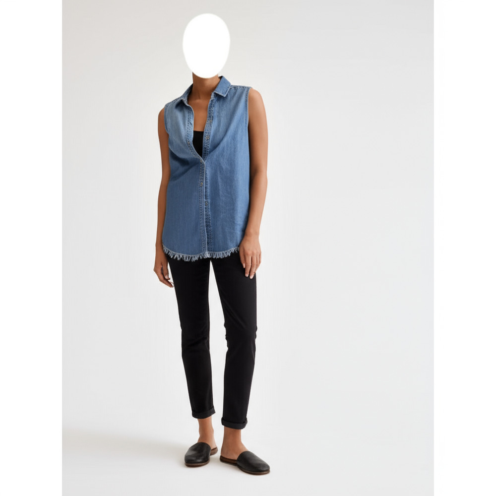 Beach Lunch Lounge Womens S/M Blue Denim Sleeveless Frayed Hem Shirt